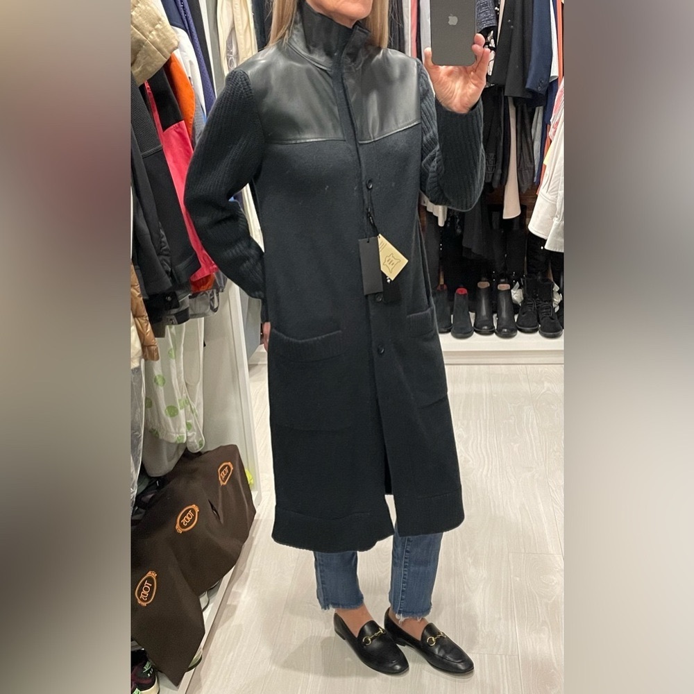 Akris Pine Green Italian Cashmere & Napa Leather Cardigan
